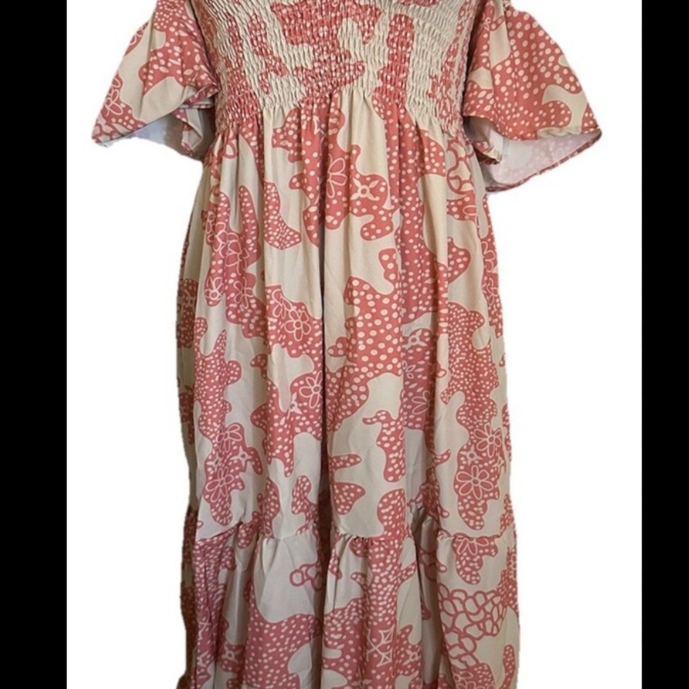Floral Pink and Beige Dress. Off the shoulder dress.